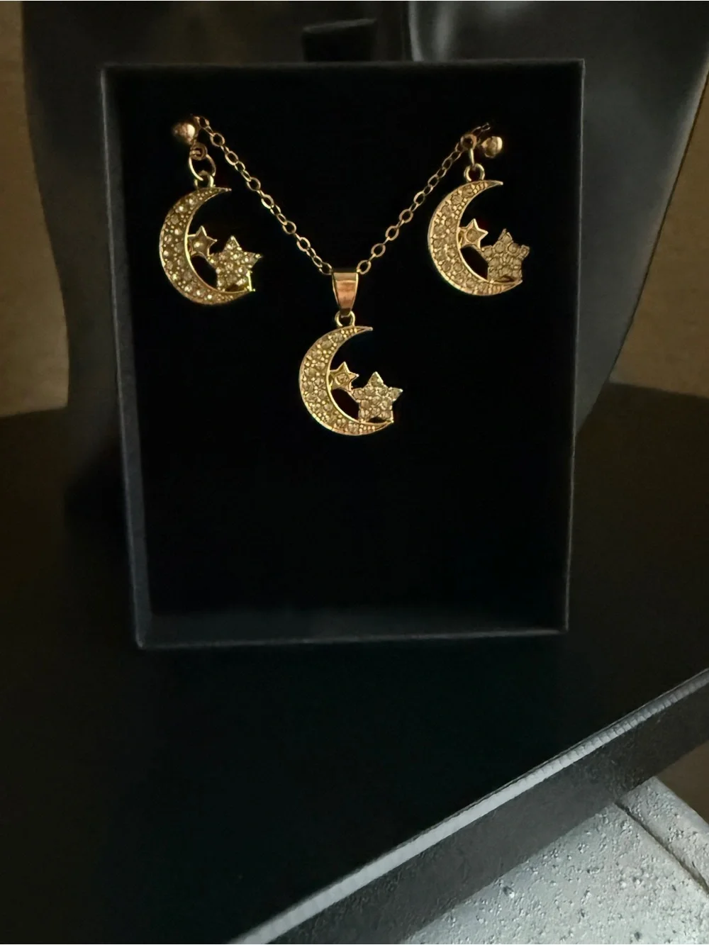 Gold-Tone Crystal Celestial Moon & Stars Jewelry Set, Necklace + Earrings 18”